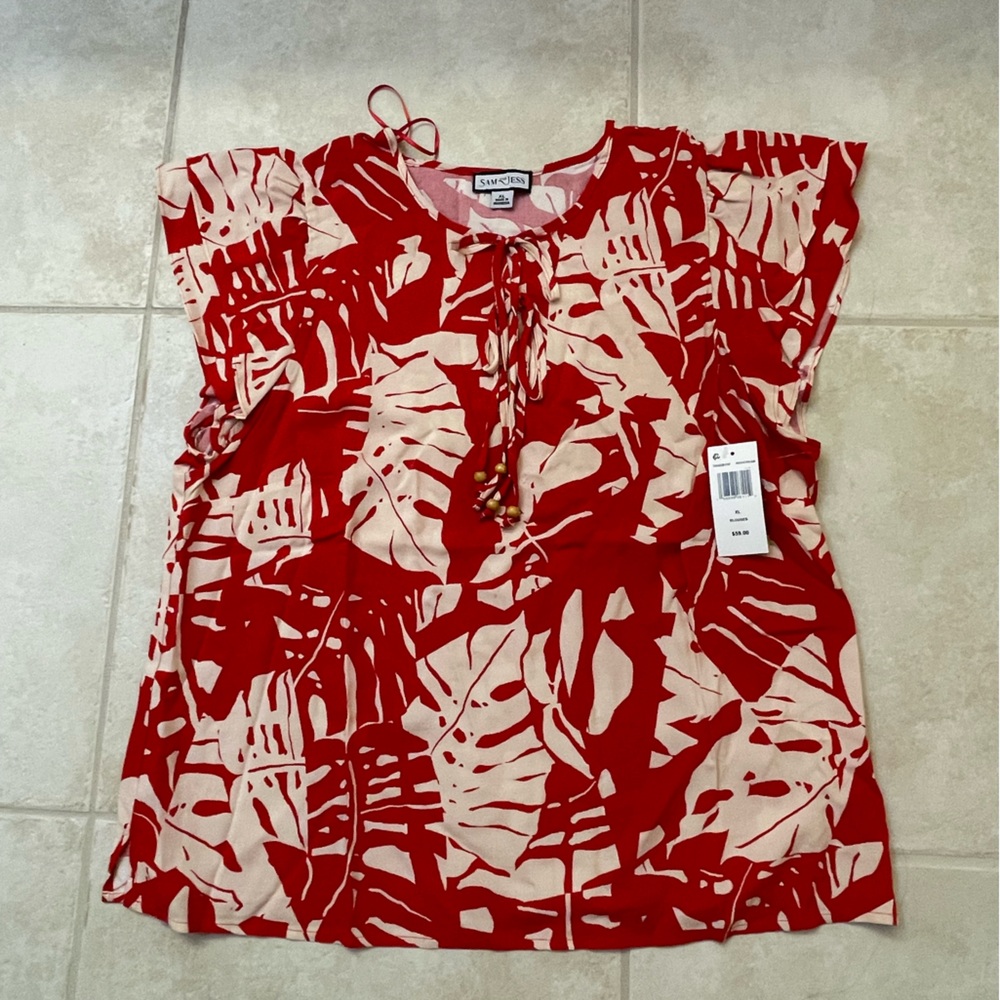 Red and Cream Leaf Print Blouse